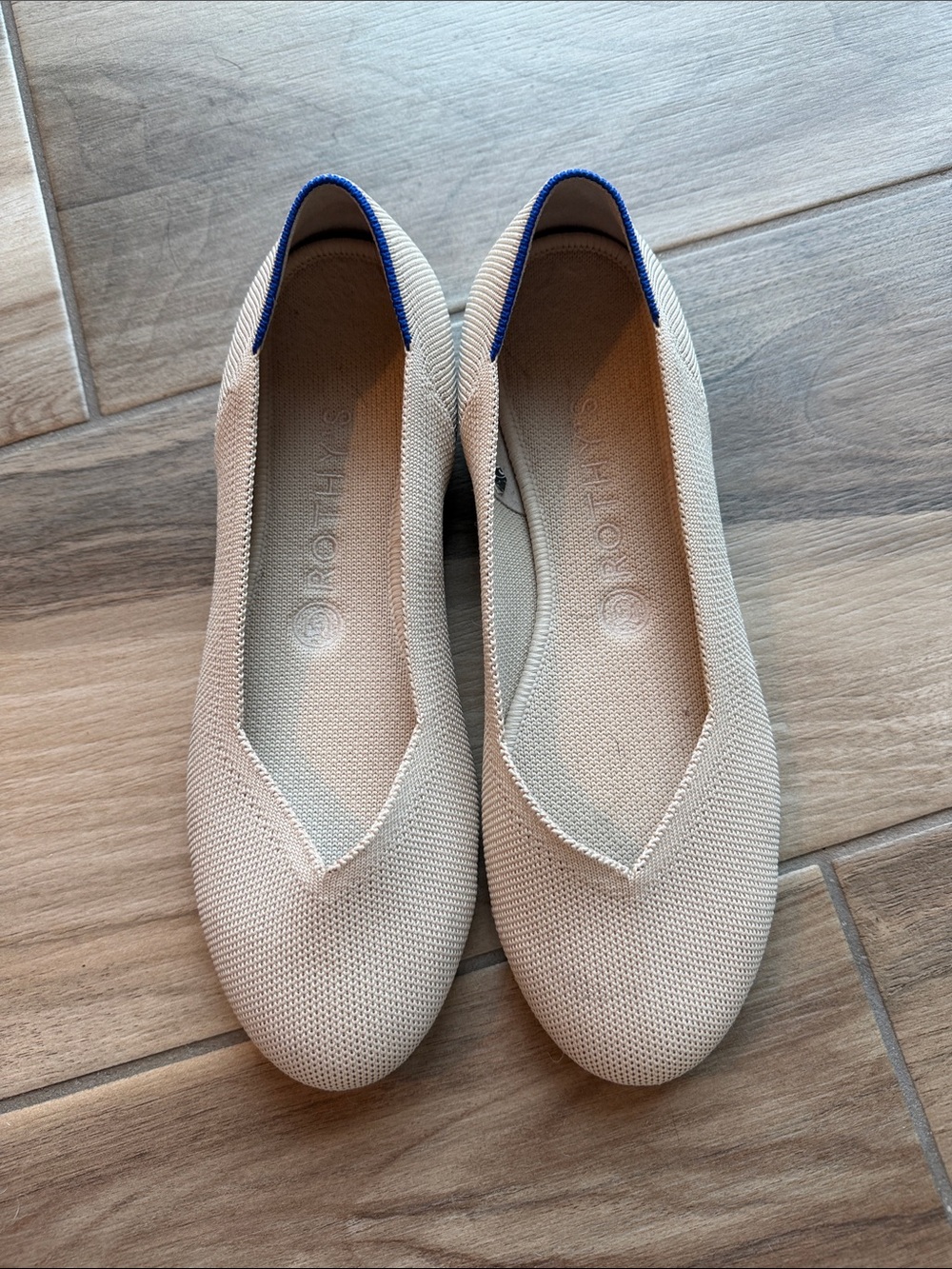 Rothy's Cream Knit Ballet Flats with Blue Heel Trim